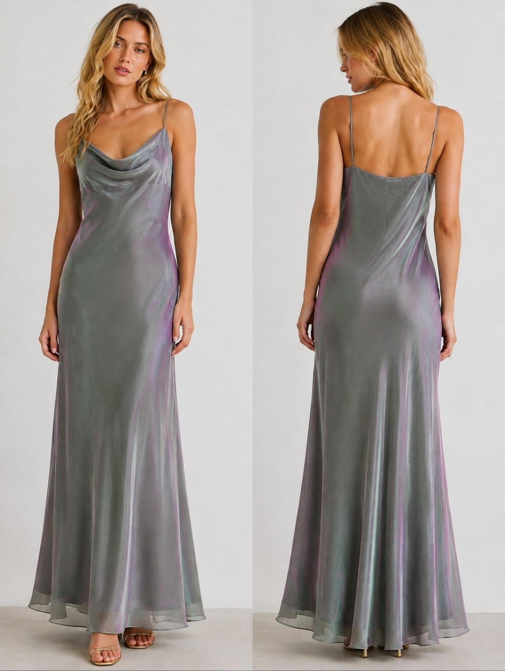 VINTAGE MARIA BONITA SAGE IRIDESCENT GREEN COWL NECK MAXI DRESS SZ S